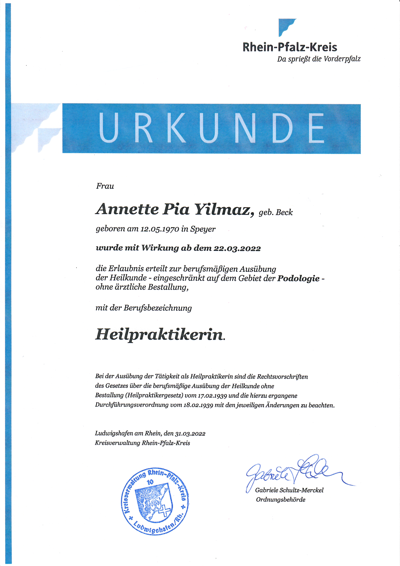 Urkunde Heilpraktikerin für Podologie — Annette Yilmaz