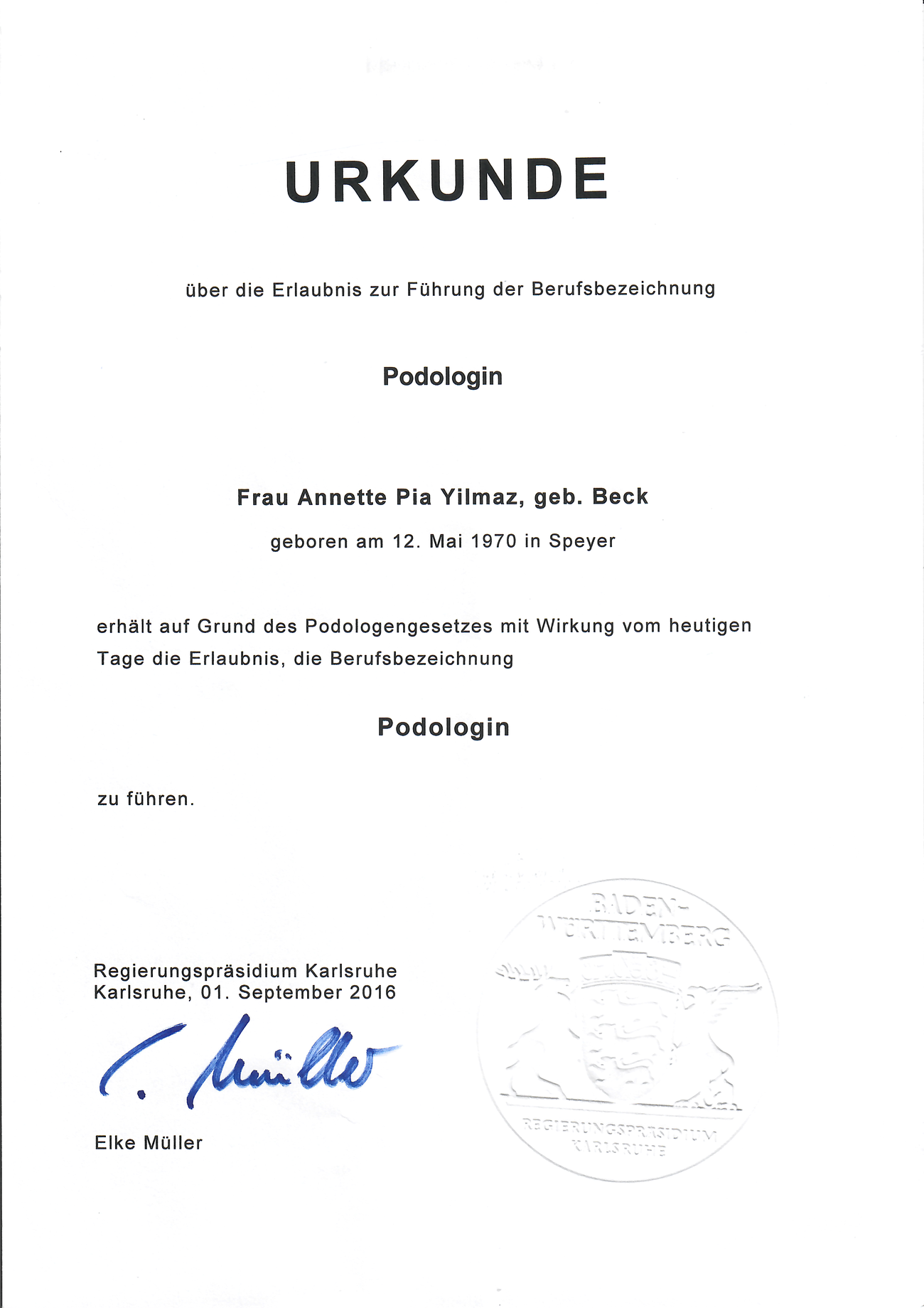 Staatliche Urkunde Podologin — Annette Yilmaz